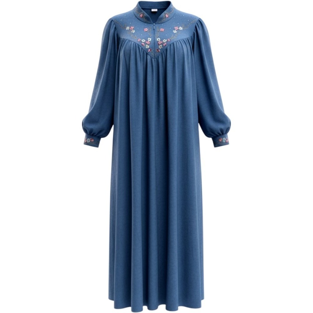 Vanity Fair Nightgown Size L Vintage Floral Embroidered Blue Long Sleeve Robe